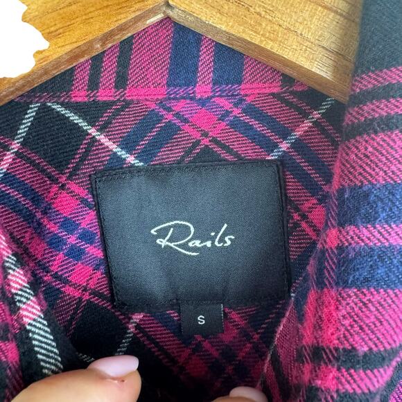 Rails Brock Fuschia Navy Black Plaid Flannel Frayed Long Sleeve Button Up Top - Picture 13 of 15